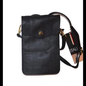 NWT Isadora Italy Phone Crossbody Black Leather Bag Womens Flap Purse